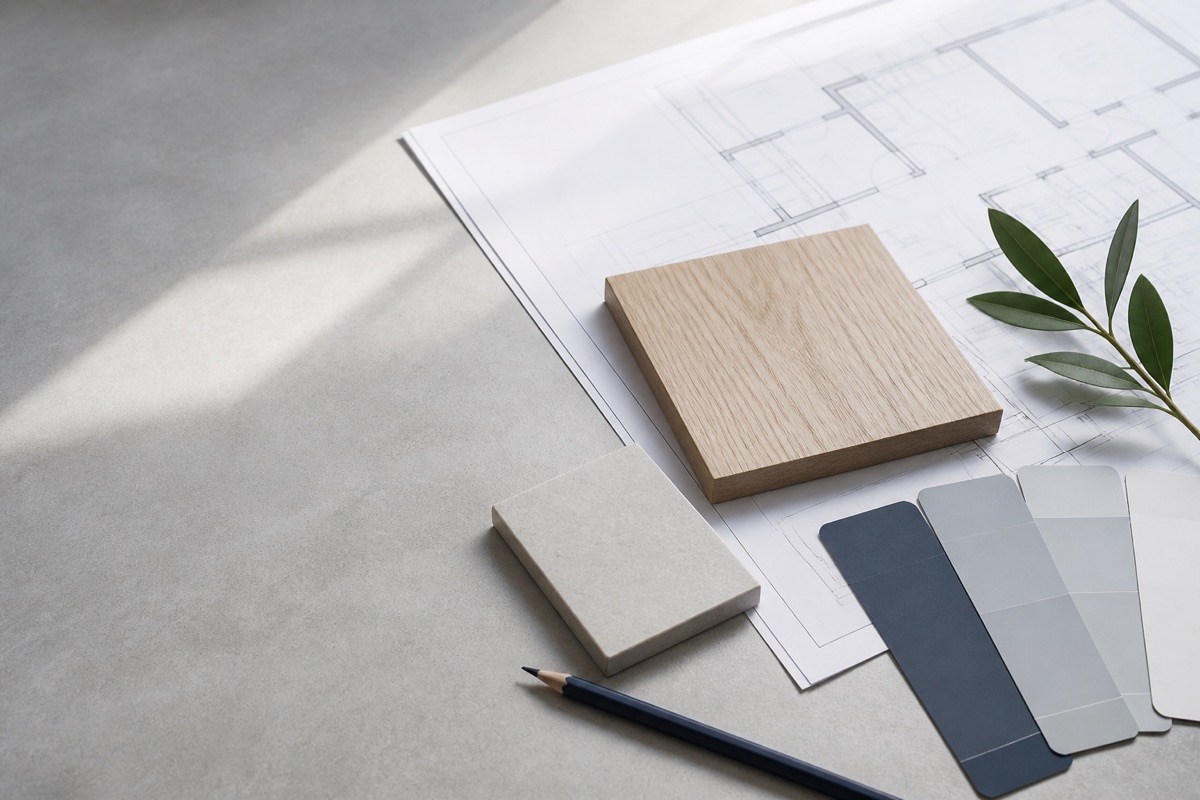Architectural plans with wood, stone, and paint samples
