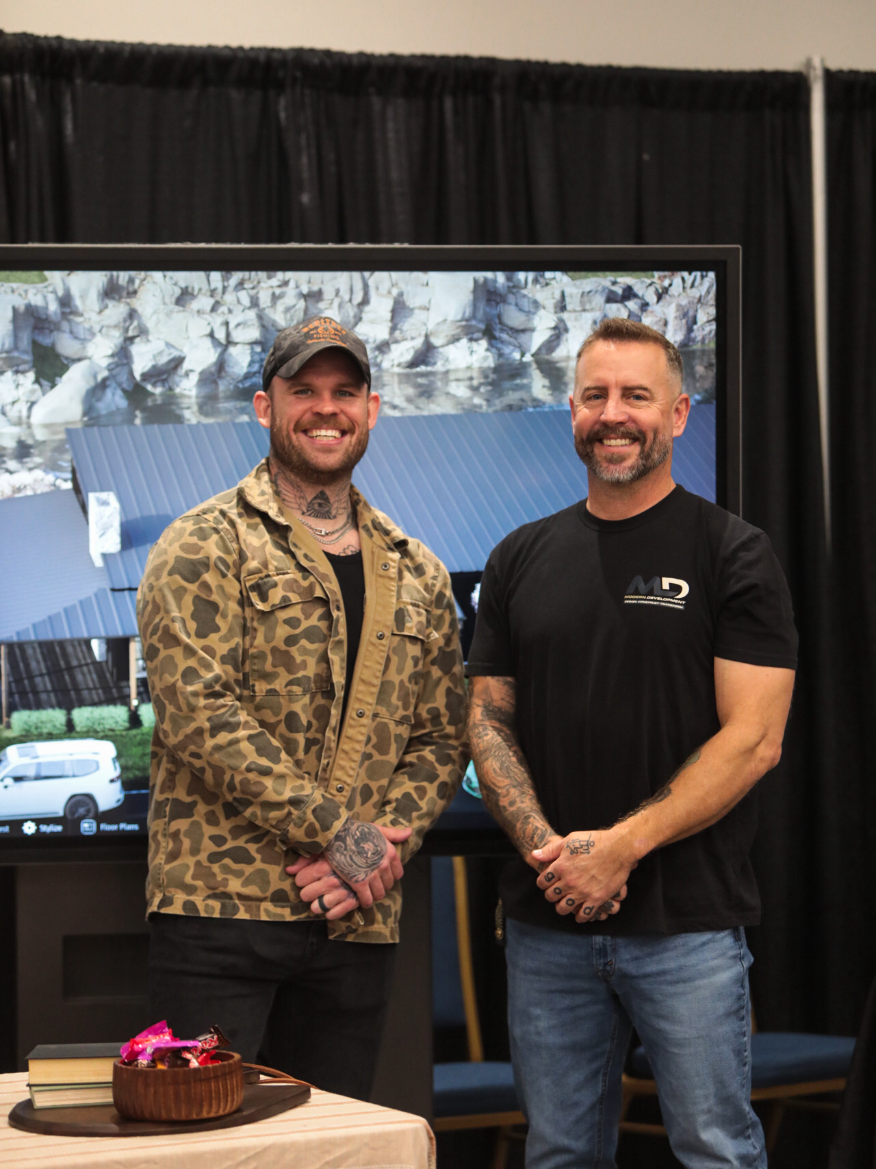 A home-show exhibitor ready to talk with visitors